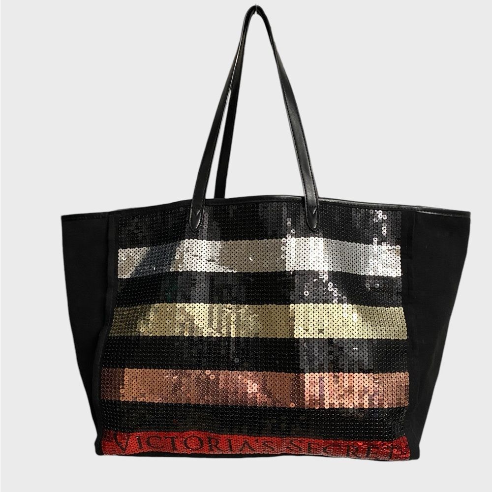 Victoria's Secret Tote Bag Large Travel Canvas Sequin Stripe Rainbow Coquette